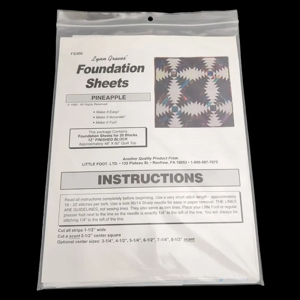 Lynn Graves Foundation Sheets Pineapple #FS300 1 3/4 Package Quilt Pattern